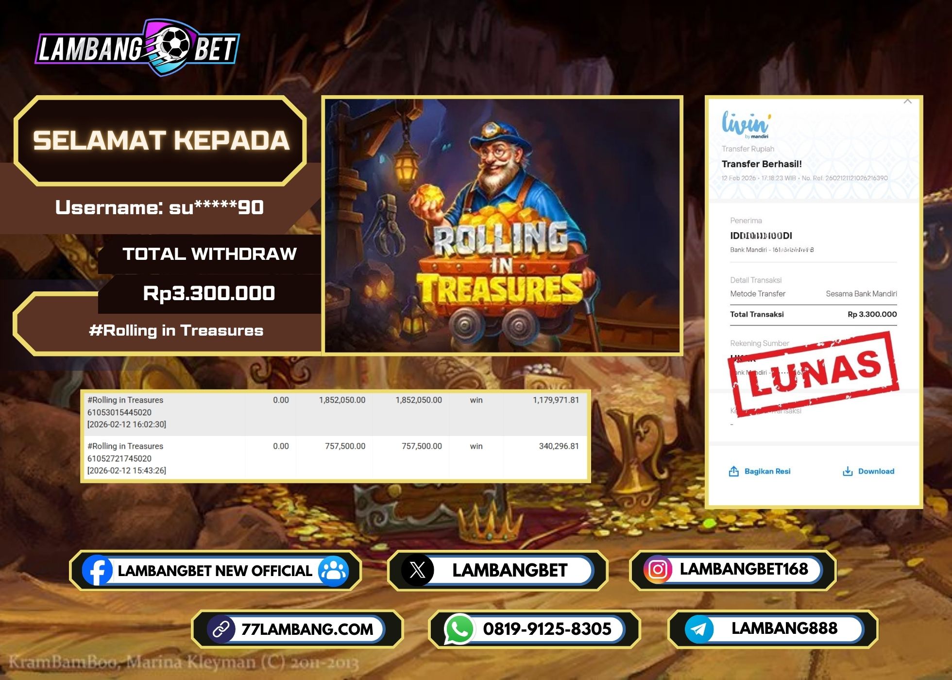 LAMBANGBET [12 FEBRUARI 2025] JACKPOT SLOT Rolling in Treasures "Rp3.300.000" LUNAS
